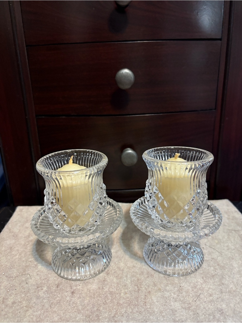 Clear Glass Crystal-Style Candle Holders with Cream Candles - Set of 2